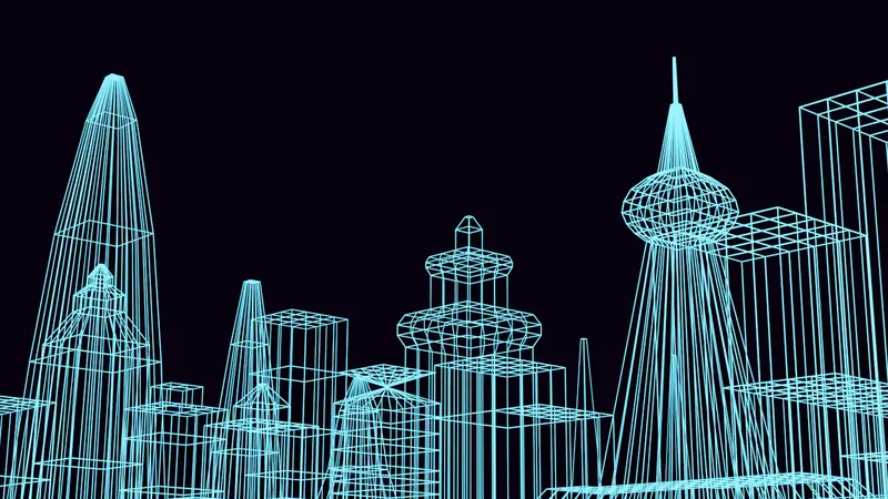 Gökdelenlerden oluşan bir kentin mavi tel kafes (wireframe) 3D görselleştirmesi