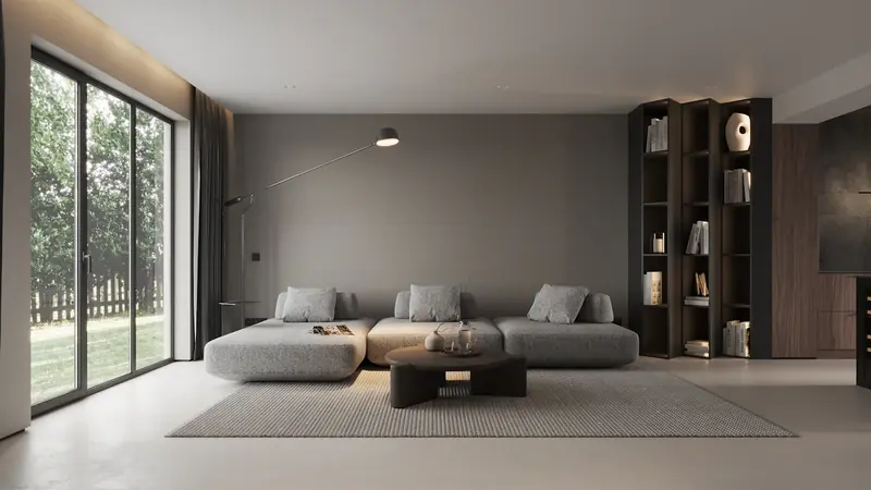 Büyük pencereden gün ışığı alan, katmanlı aydınlatmalı modern oturma odası