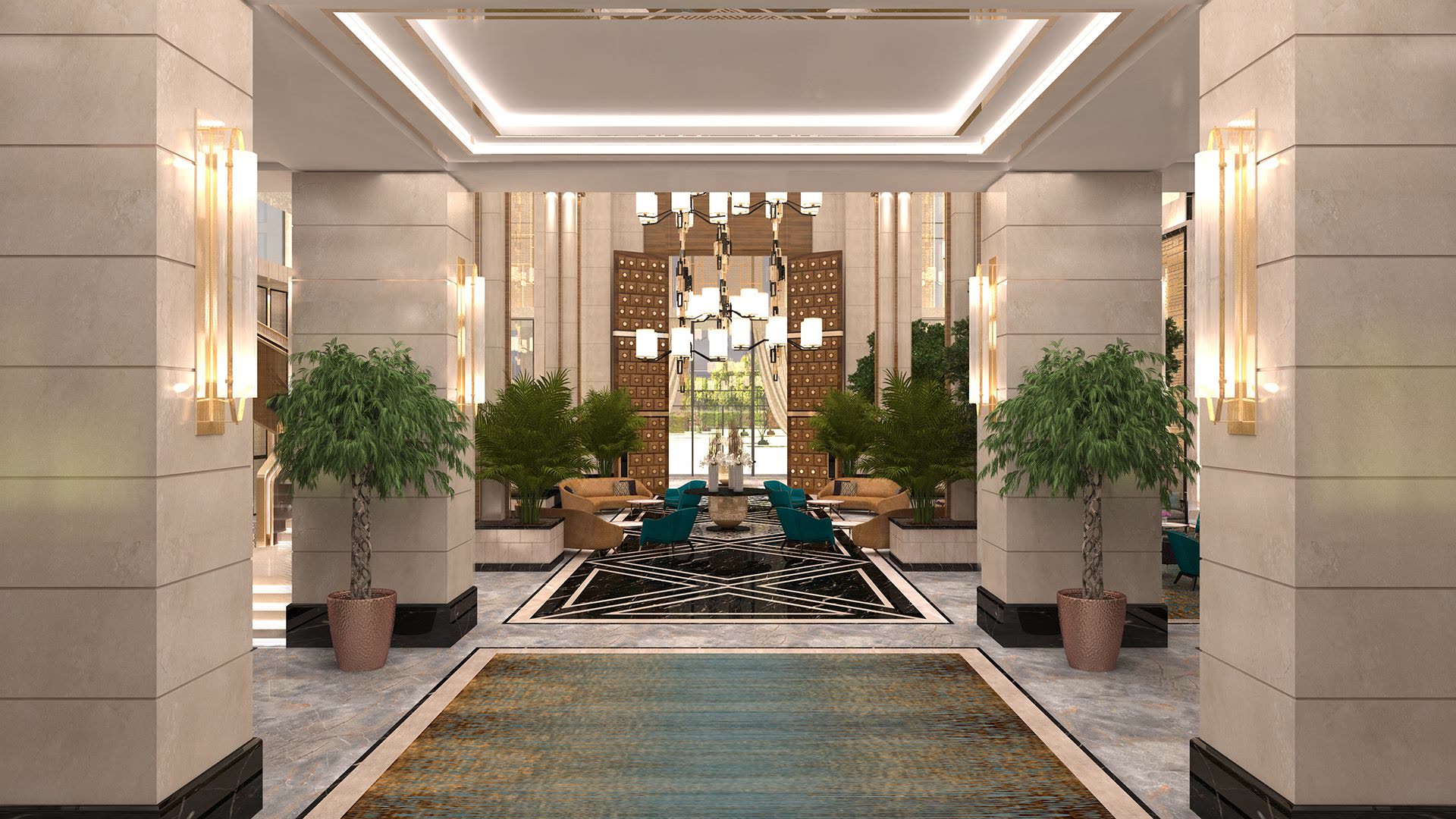 Hilton Erbil otel lobisi iç mimari 3D render görseli