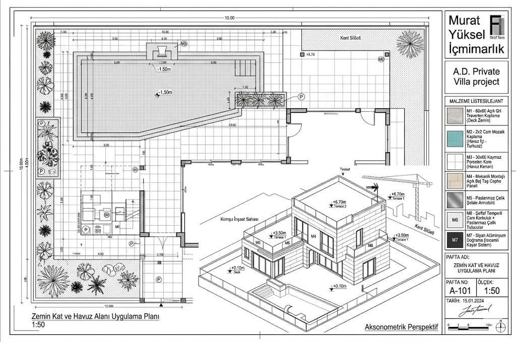 Villa projesi zemin kat ve havuz uygulama planı ile aksonometrik perspektif teknik çizimi