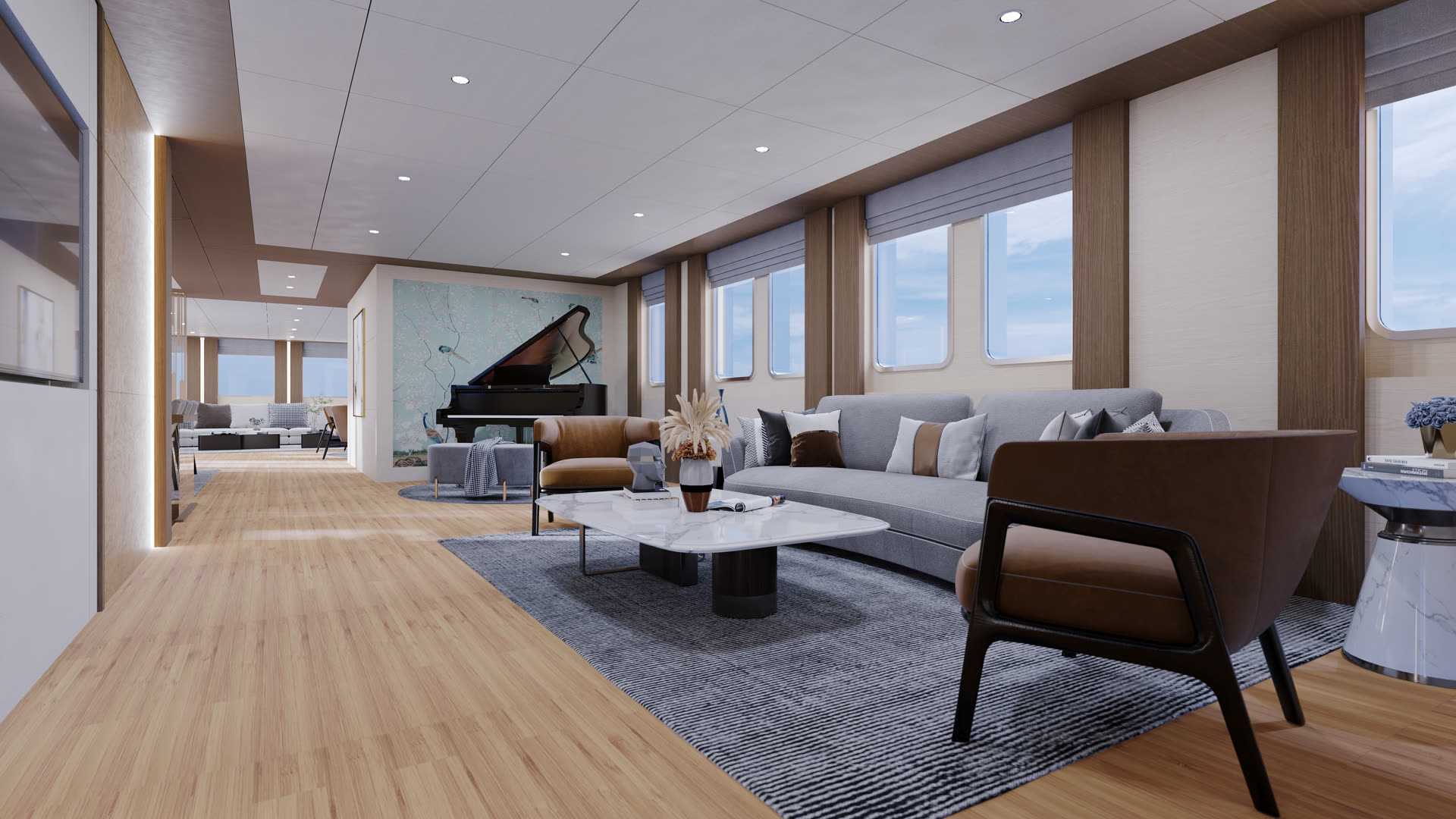 Özel yat iç mekân tasarımı render görseli, piyano ve oturma alanı
