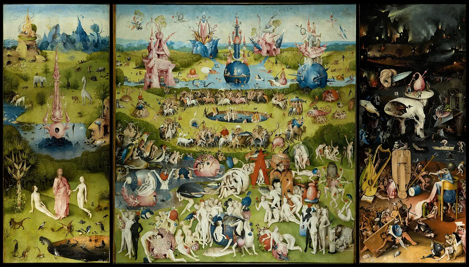 Hieronymus Bosch’un Dünyevi Zevkler Bahçesi triptiği: solda cennet, ortada çıplak figürlerle dolu bahçe, sağda karanlık cehennem