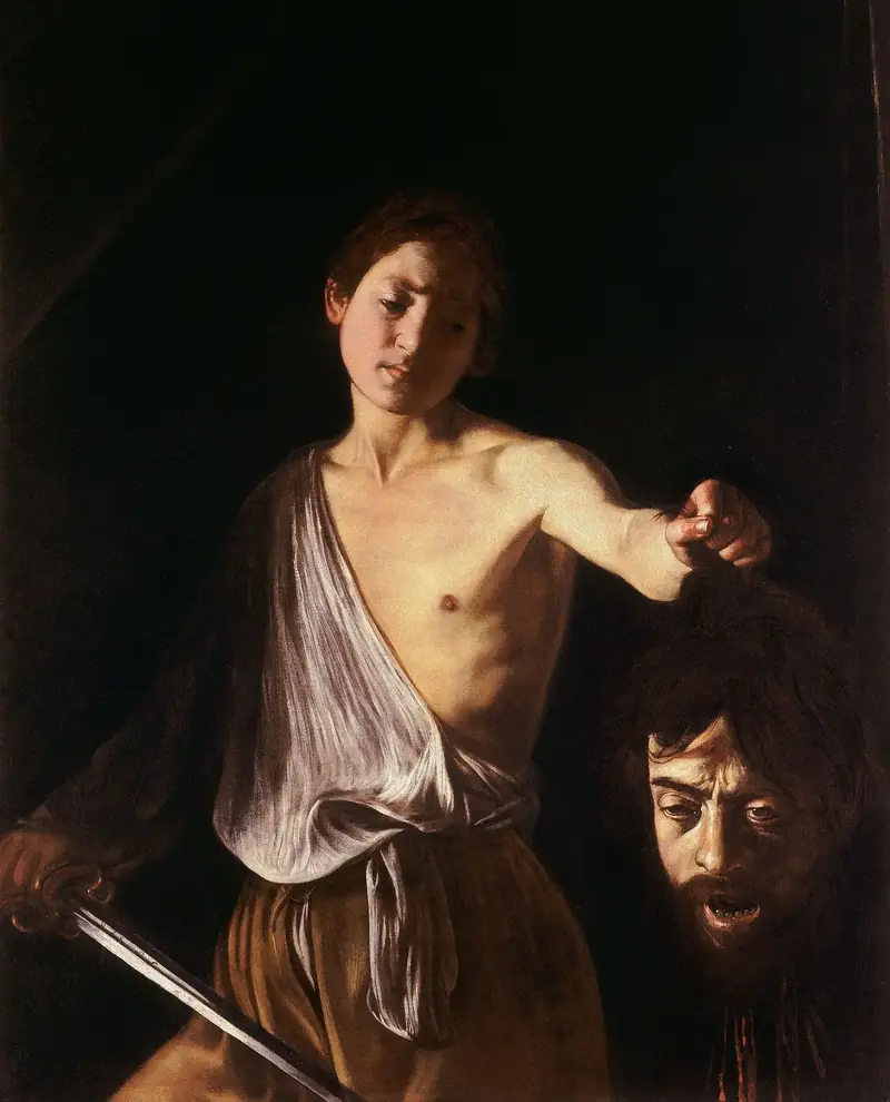 Caravaggio’nun Davut ve Golyat’ın Başı tablosu: karanlık zeminde genç Davut’un elinde tuttuğu kesik baş