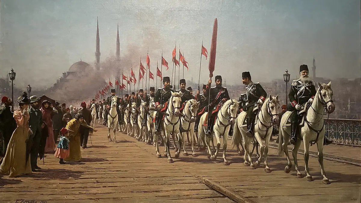 Fausto Zonaro, Ertuğrul Süvari Alayı Galata Köprüsü’nde (tarih kesin değil)