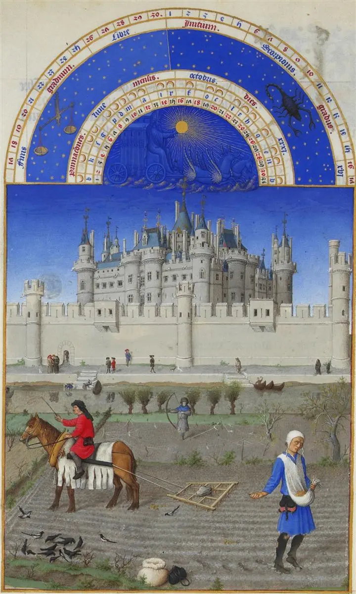 Limbourg Kardeşler, Ekim: Kışlık Buğday Ekimi (y. 1412–1416)