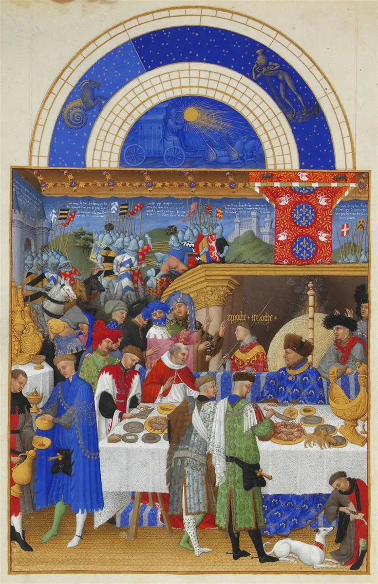 Limbourg Kardeşler, Ocak: Ziyafet Sahnesi (Très Riches Heures) (y. 1412–1416)