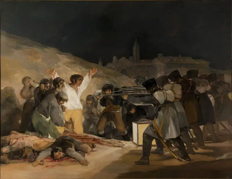 Goya’nın 3 Mayıs 1808 tablosu: fener ışığında kollarını açmış beyaz gömlekli adam ve ona tüfek doğrultan Fransız askerleri
