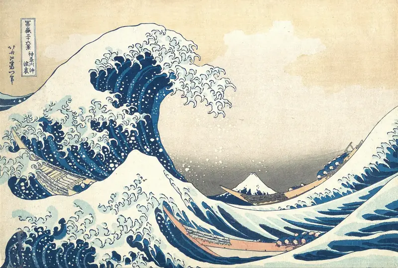 Katsushika Hokusai’nin Kanagawa Açıklarında Büyük Dalga baskısı: pençe gibi kıvrılan dev dalga, altında üç kayık ve uzakta küçük Fuji Dağı