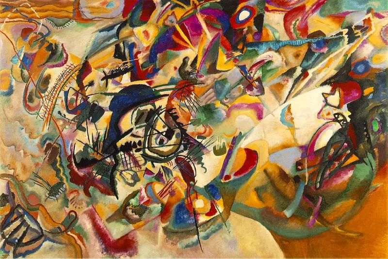 Kandinsky’nin Kompozisyon VII tablosu: birbirine karışan renk lekeleri, çizgiler ve biçimlerden oluşan yoğun soyut kompozisyon