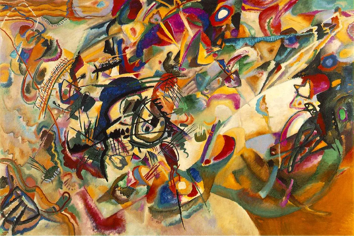 Kandinsky’nin Kompozisyon VII tablosu: birbirine karışan renk lekeleri, çizgiler ve biçimlerden oluşan yoğun soyut kompozisyon