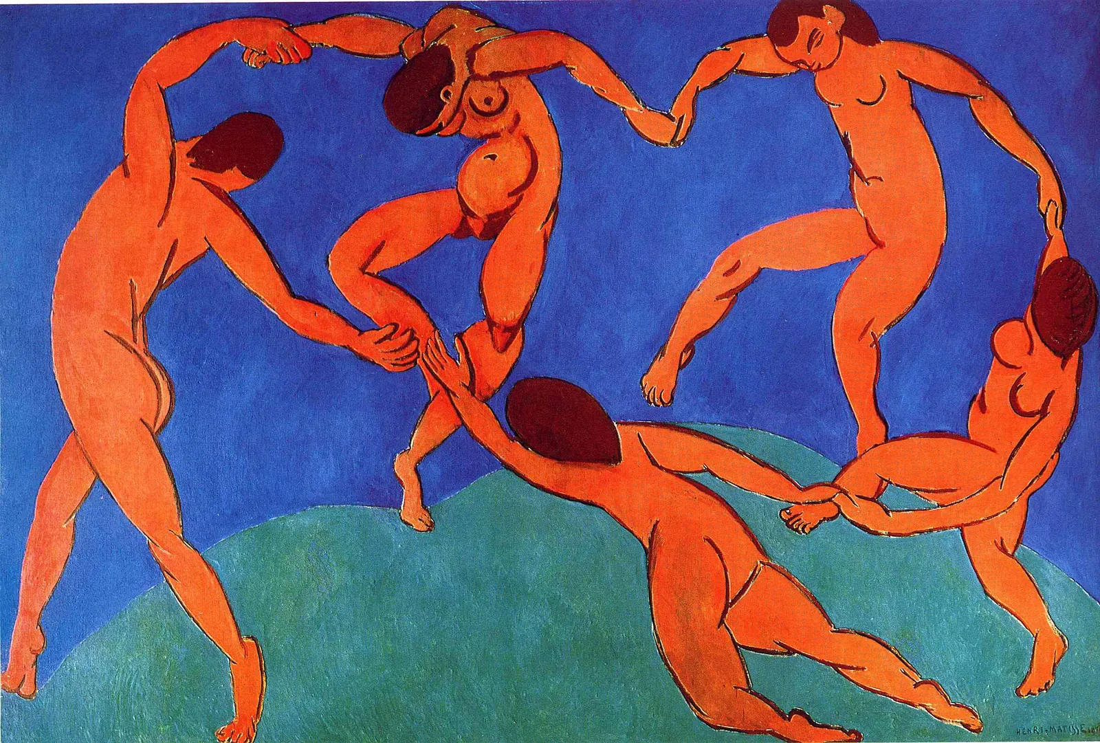 Henri Matisse’in Dans tablosu: mavi gökyüzü ve yeşil tepe üzerinde el ele tutuşup halka olmuş beş kırmızı çıplak figür