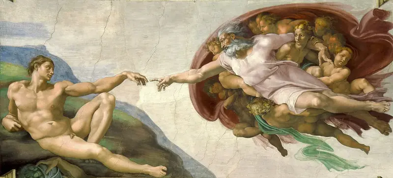 Michelangelo’nun Sistina Şapeli tavanındaki Âdem’in Yaratılışı freskinde Tanrı’nın ve Âdem’in birbirine uzanan elleri