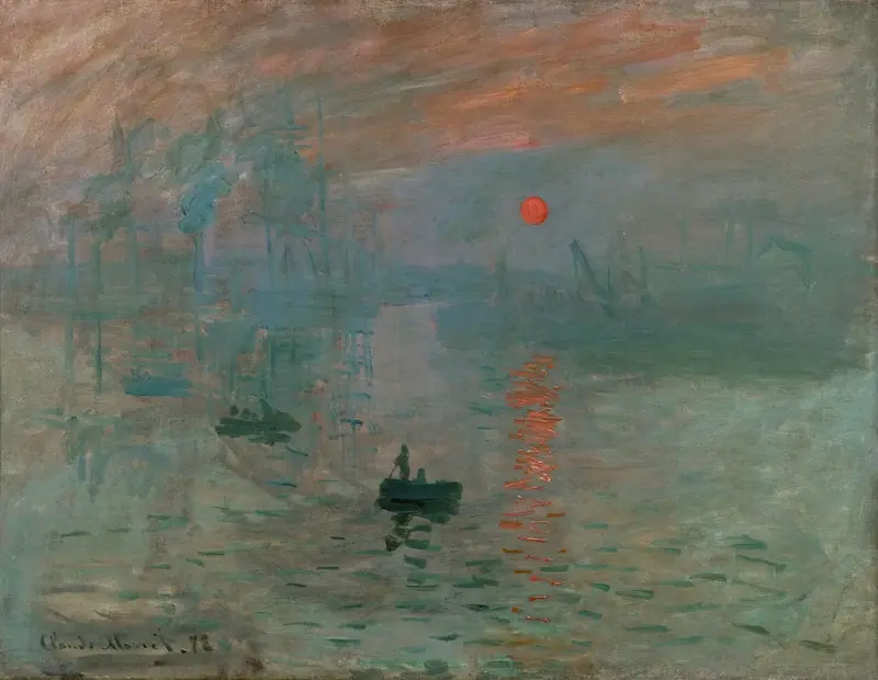 Claude Monet’nin İzlenim: Gündoğumu tablosu: sisli limanda turuncu güneş ve suda kürek çeken küçük kayıklar