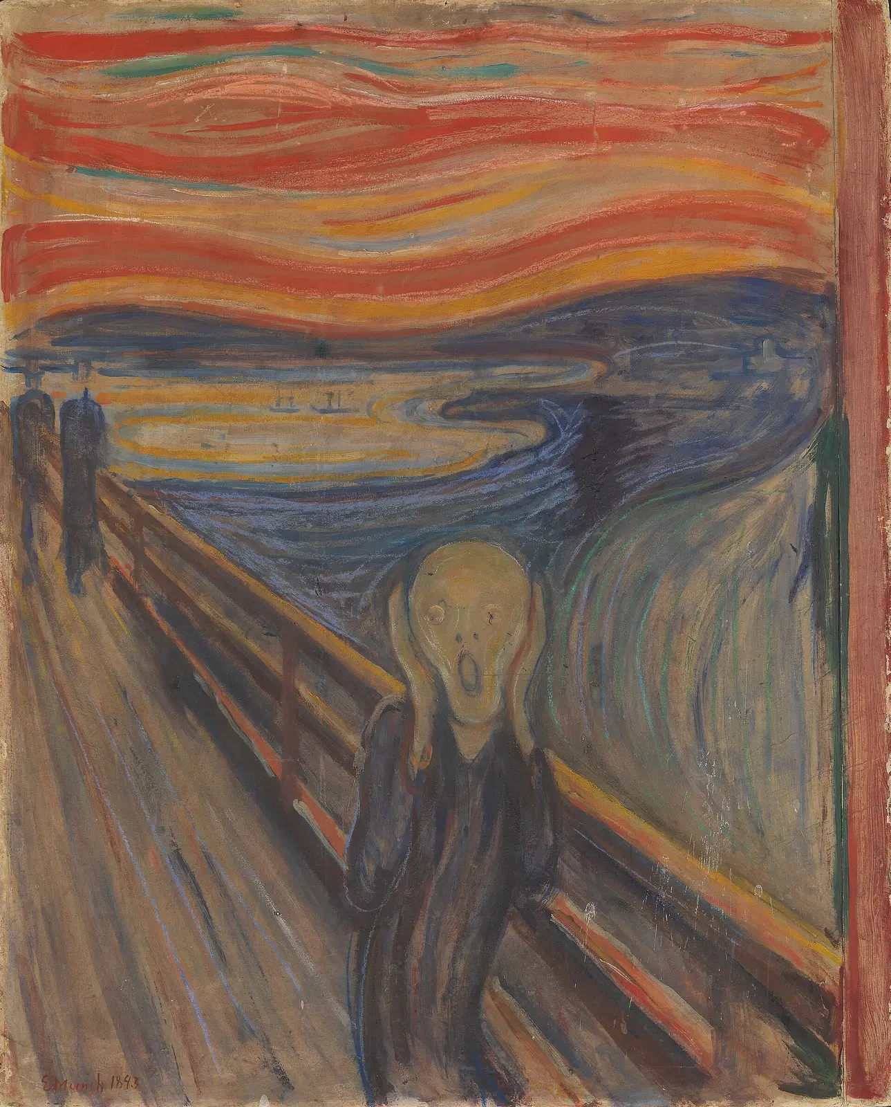 Edvard Munch’un Çığlık tablosu: kızıl gökyüzü altında köprüde ellerini yüzüne kapatmış figür