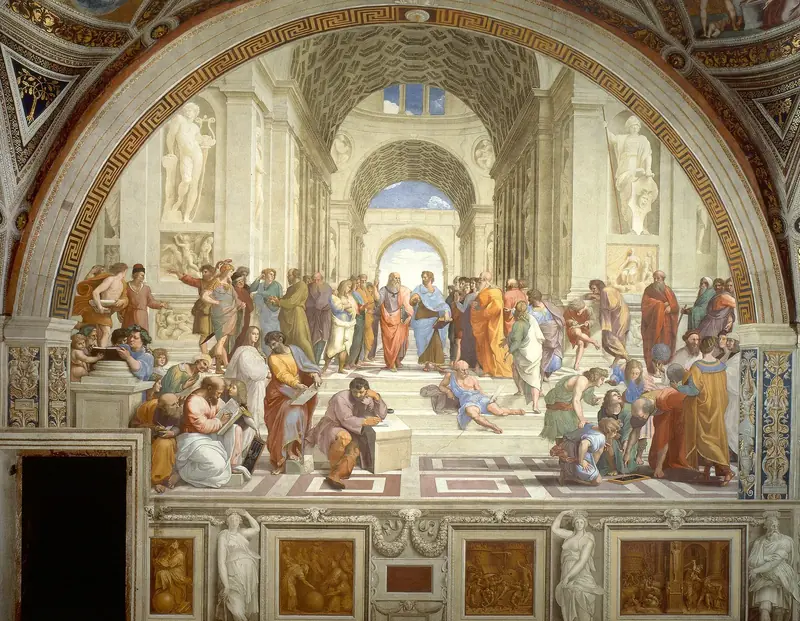Raffaello’nun Atina Okulu freski: kemerli büyük bir salonda Platon, Aristoteles ve antik filozoflar