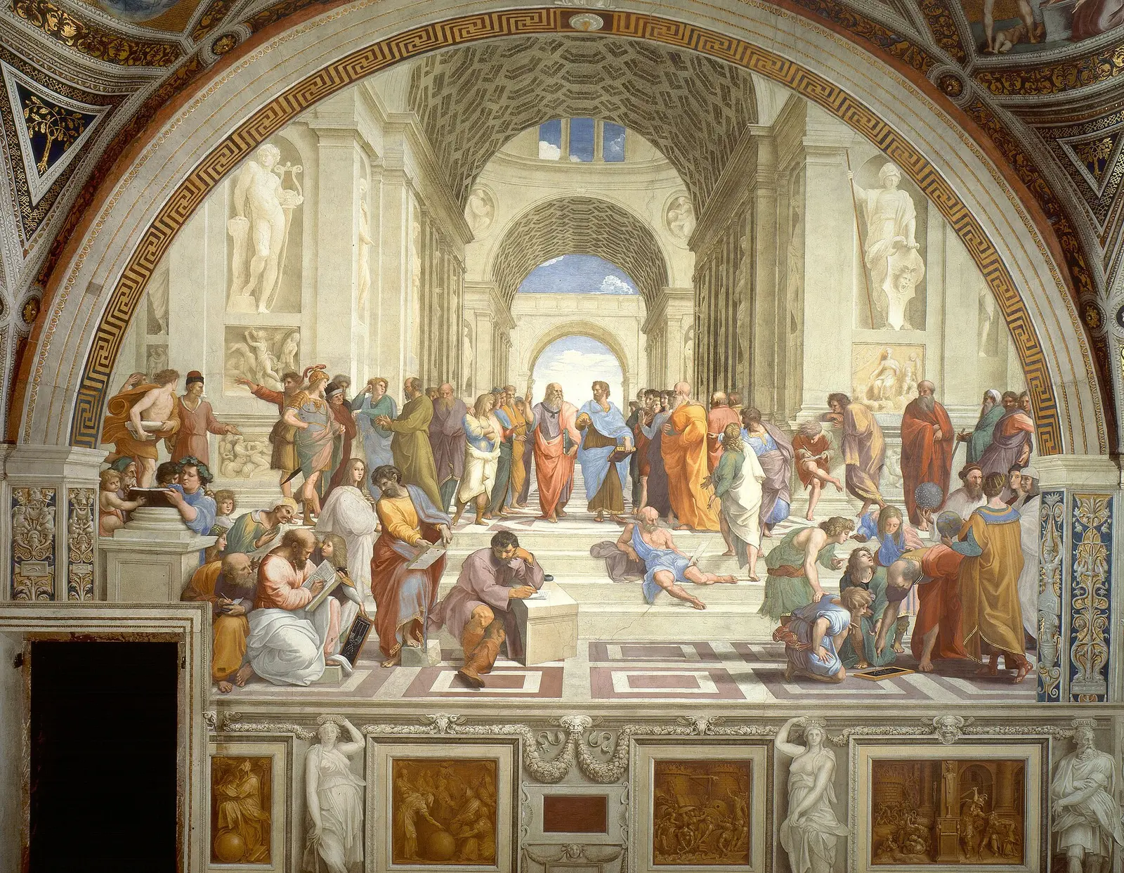 Raffaello’nun Atina Okulu freski: kemerli büyük bir salonda Platon, Aristoteles ve antik filozoflar