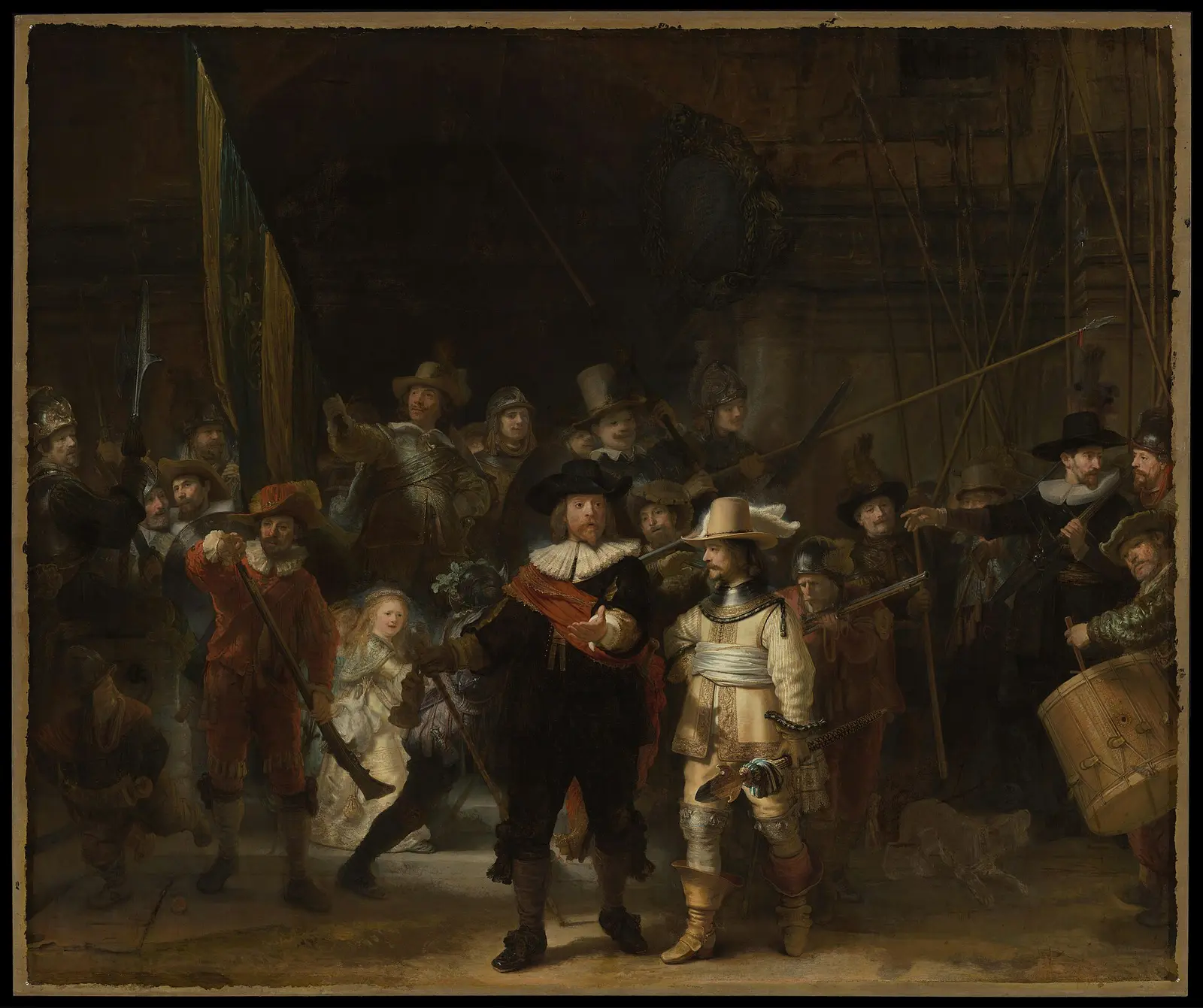 Rembrandt’ın Gece Devriyesi tablosu: Yüzbaşı Frans Banninck Cocq ve milis bölüğü, ortada ışık içinde küçük bir kız