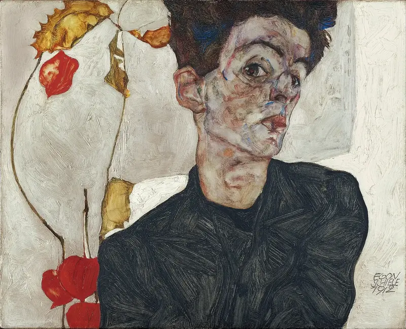 Egon Schiele’nin Fener Çiçekli Otoportresi: dağınık saçlı, başı hafifçe eğik genç adam ve yanında kırmızı fener çiçekleri