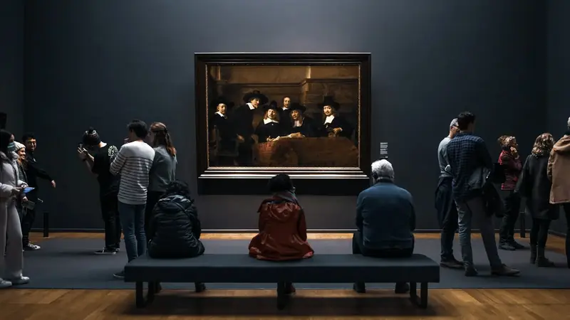 Amsterdam’daki Rijksmuseum’da bir Rembrandt grup portresinin önünde oturan ve dolaşan ziyaretçiler