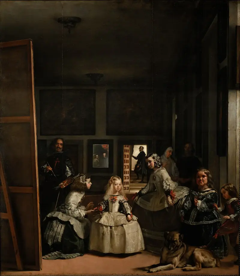 Velázquez’in Las Meninas tablosu: ortada küçük prenses Margarita, etrafında nedimeler, cüceler ve köpek, solda tuvalinin başındaki ressam