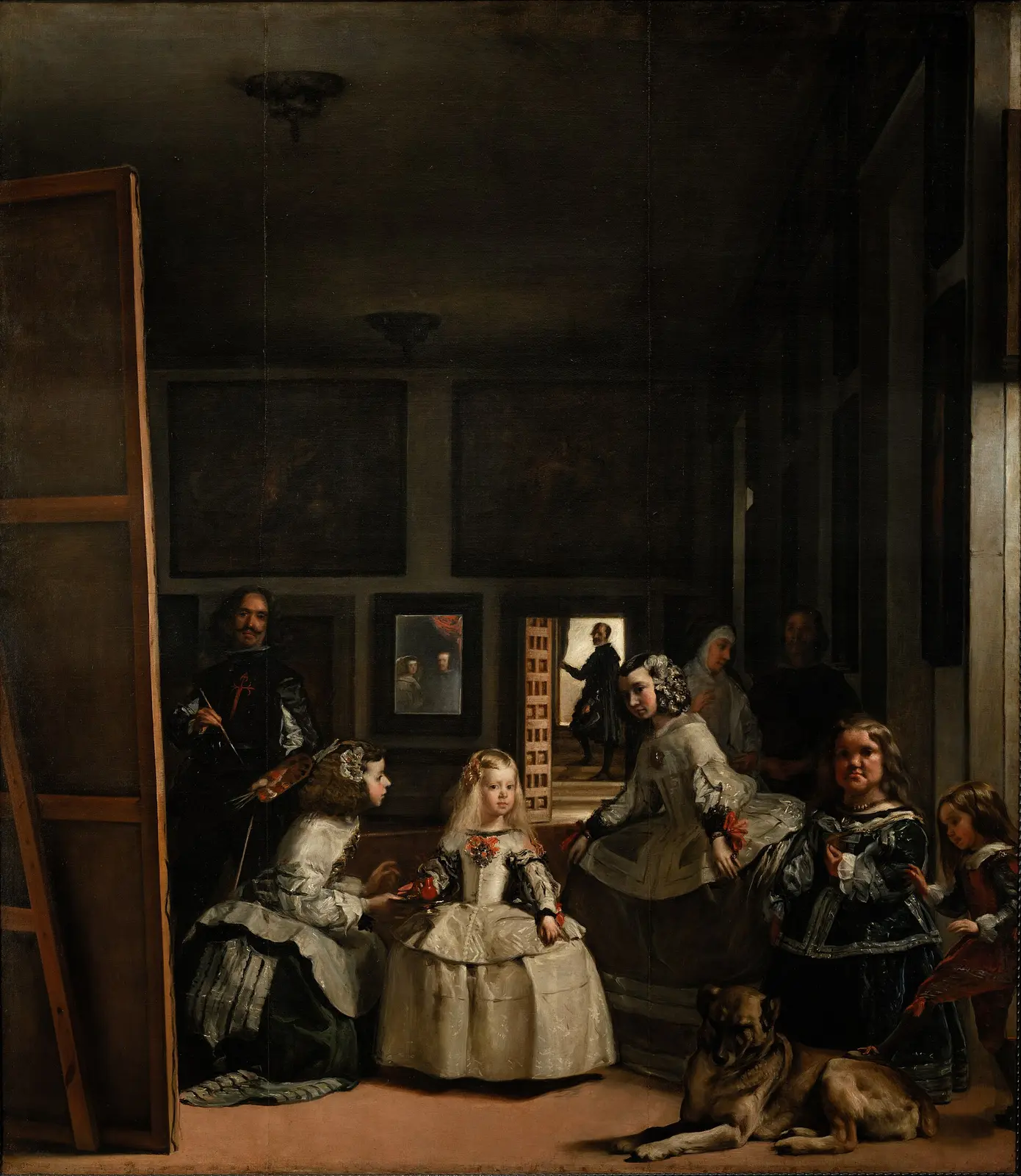 Velázquez’in Las Meninas tablosu: ortada küçük prenses Margarita, etrafında nedimeler, cüceler ve köpek, solda tuvalinin başındaki ressam