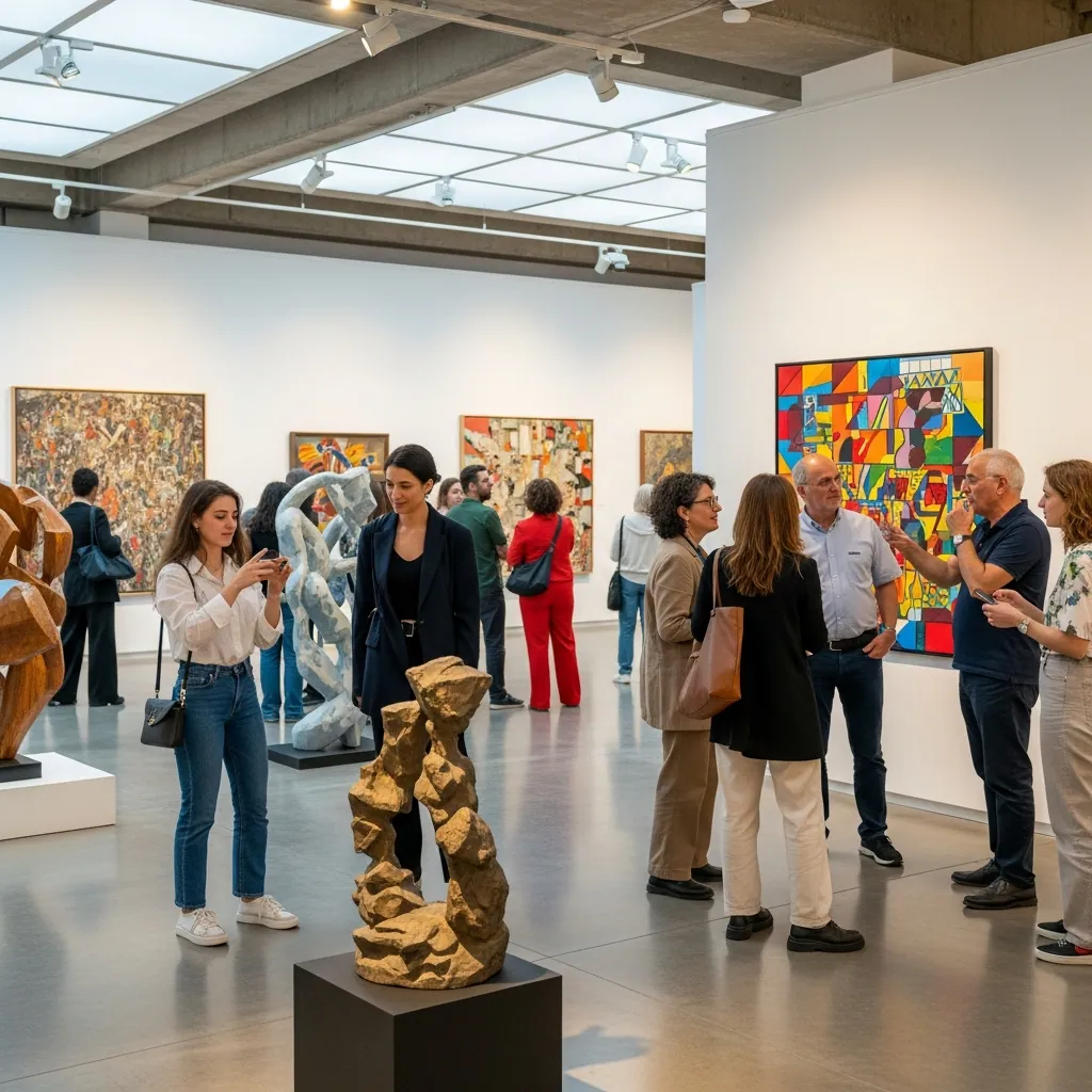 Farklı yaştan insanların modern sanat eserleriyle etkileşimde bulunduğu, kültürel çeşitliliği yansıtan bir sanat galerisi.