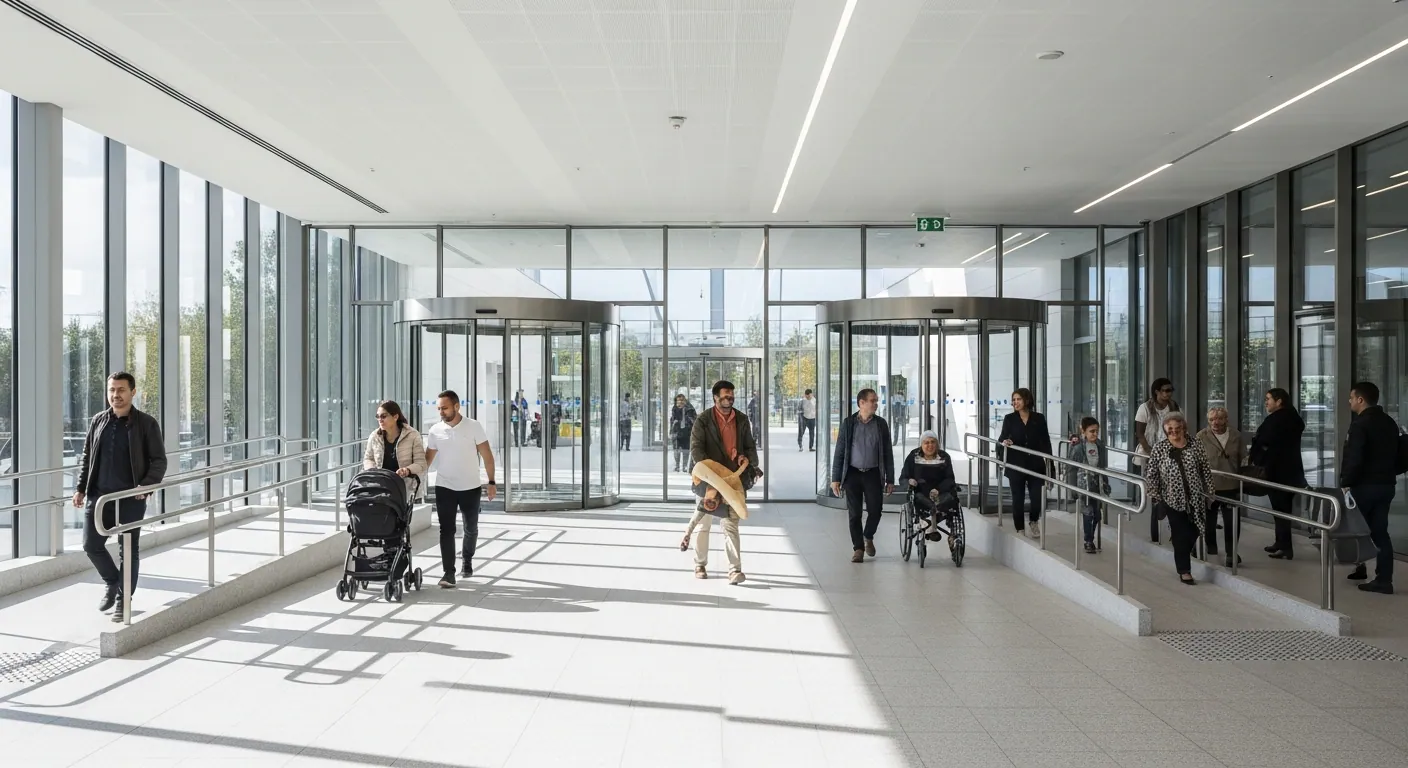 A wide-angle architectural photo of a modern public building that features seamlessly integrated accessibility ramps and wide glass entrances. The design is sleek and aesthetic, showing people with strollers, wheelchairs, and elderly individuals moving freely through the space. Bright, natural daylight, architectural photography style.