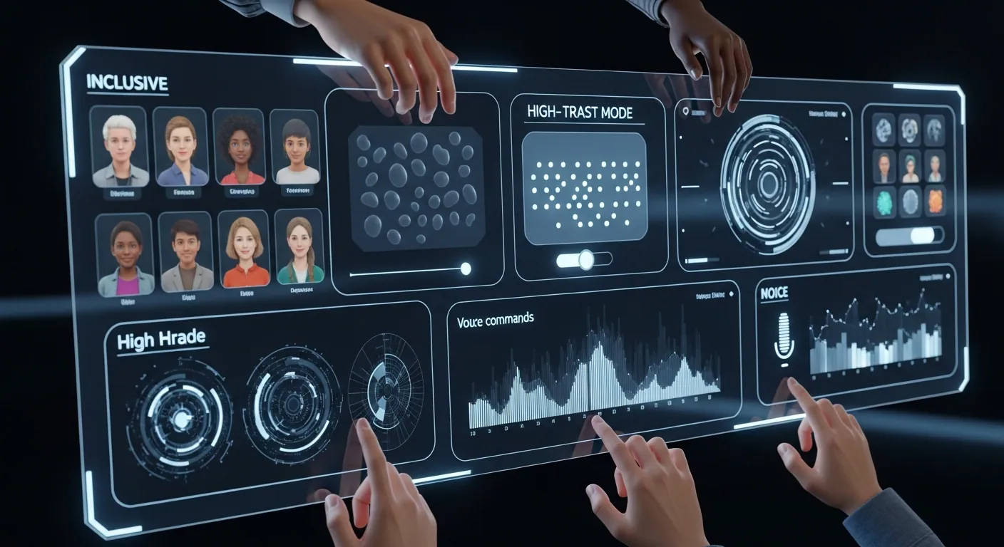 A detailed 3D render of a futuristic digital interface showing inclusive design features. The screen displays diverse avatars, Braille-friendly touch areas, high contrast mode options, and voice command visualizations. A diverse group of hands is interacting with the glowing screen in a dark tech environment, 4k, cinematic lighting.